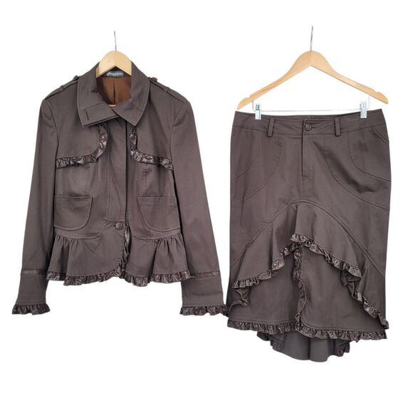 Italian Y2K Choclate Brown Ruffled Skirt and Blazer Set Steampunk Dark Academia - Picture 4 of 16